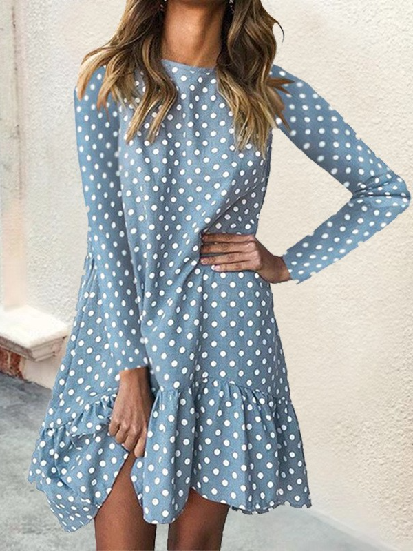 Casual Long Sleeve Turtleneck Polka Dots Loose Midi Dress