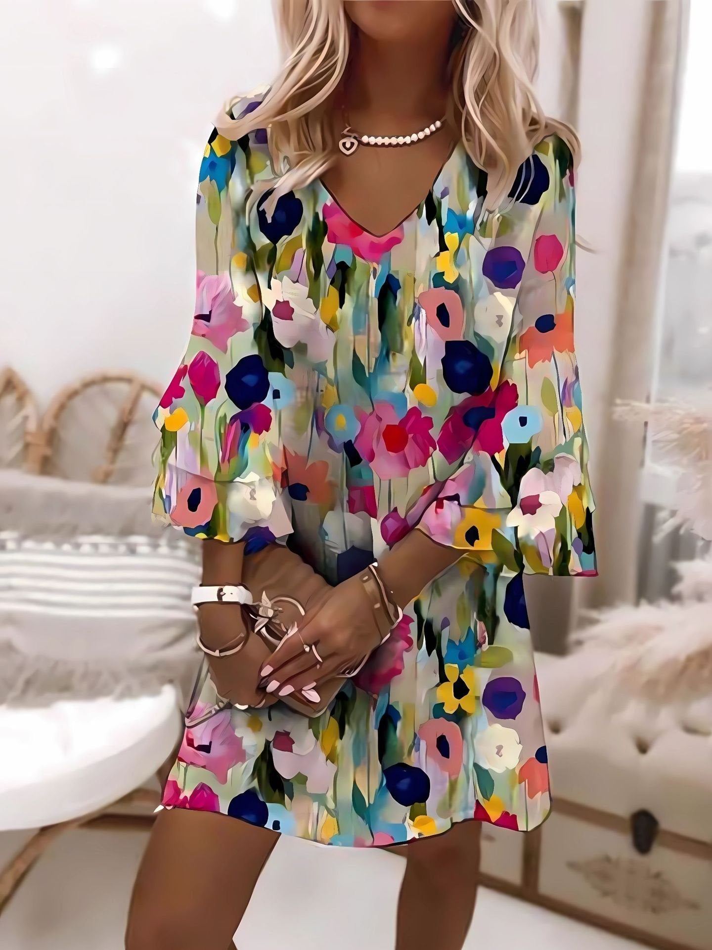 Casual Three Quarter Sleeve V Neck Floral Midi Dress