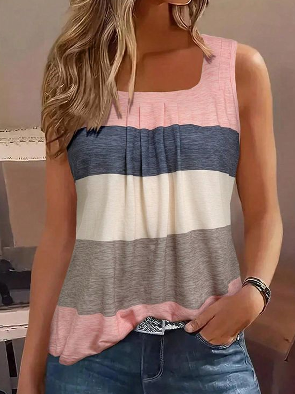 Casual Sleeveless Square Neck Multicolor Block Loose Regular Tank Top