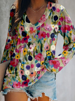 Casual Long Sleeve V Neck Floral Loose Regular T-Shirt