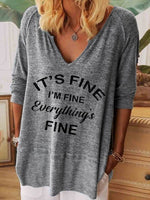 Loose Long Sleeve V Neck Text Letters Casual Regular T-Shirt