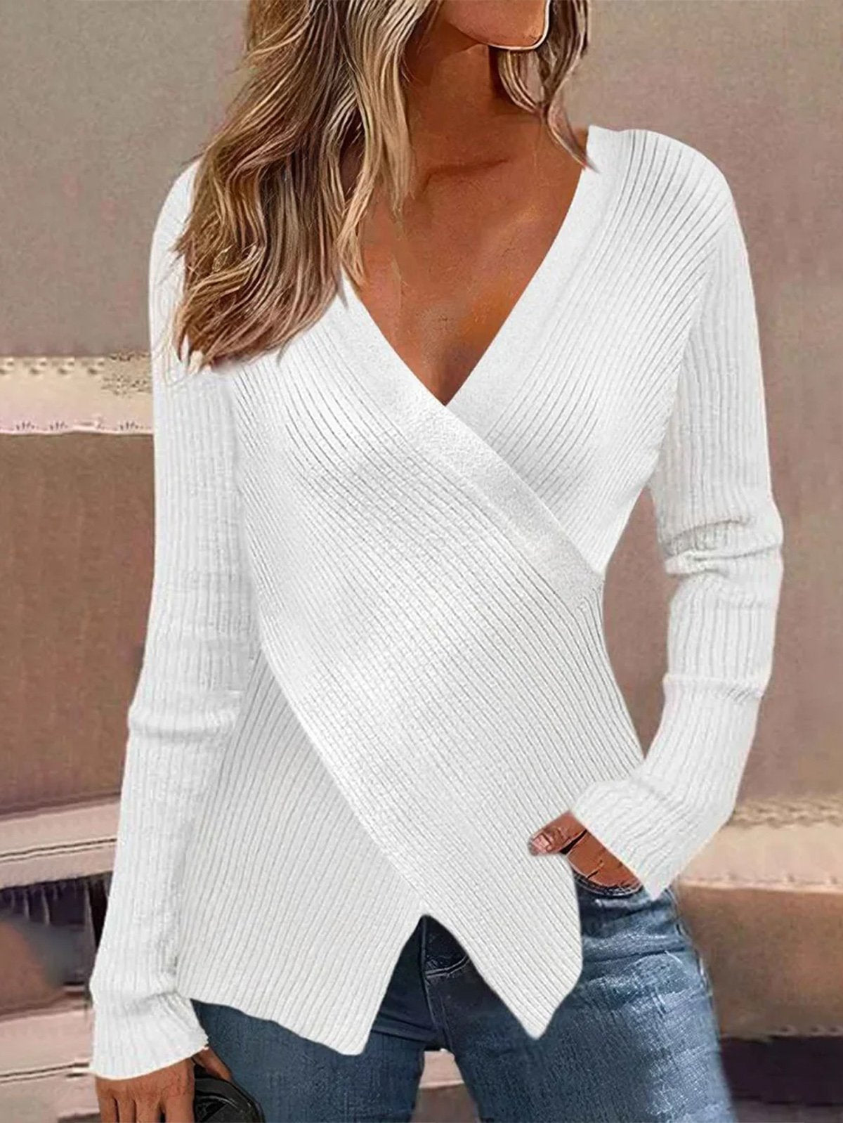 Casual Long Sleeve Cross Neck Plain Cross Regular Sweater