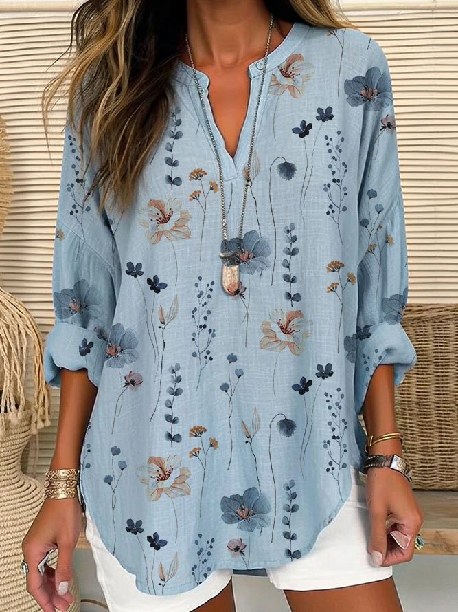 Linen Long Sleeve Shirt Collar Floral Loose Regular Shirt