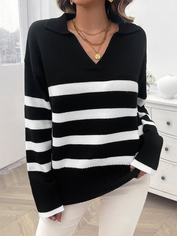 Long Sleeve Shirt Collar Striped Casual Regular Sweater