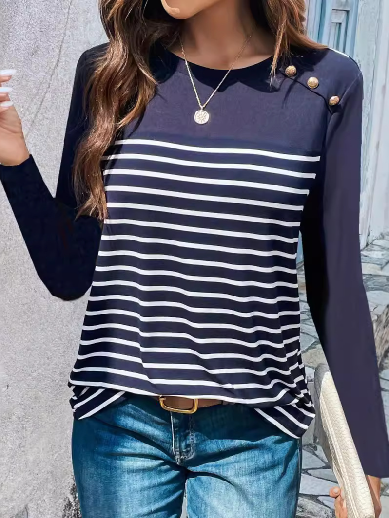 Casual Long Sleeve Crew Neck Striped Loose Regular T-Shirt