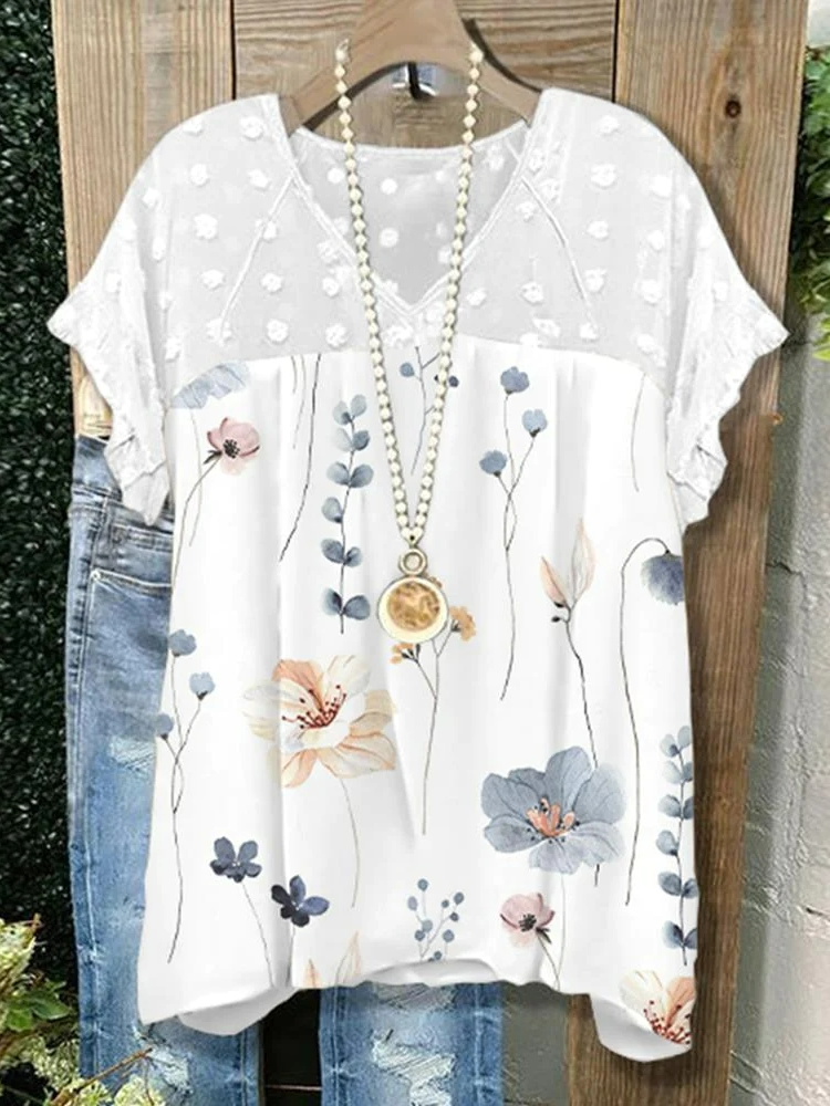 Casual Short Sleeve V Neck Floral Loose Regular Blouse