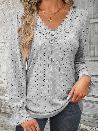 Casual Long Sleeve V Neck Plain Regular Blouse