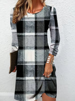 Casual Long Sleeve Crew Neck Plaid Loose Mini Dress