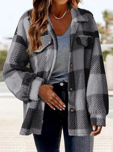 Loose Shawl Collar Long Sleeve Plaid Casual Regular Coat