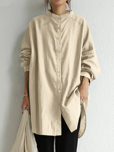 Casual Long Sleeve Shirt Collar Plain Loose Regular Shirt