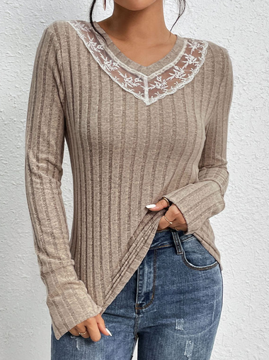 Casual Long Sleeve V Neck Plain Loose Regular Blouse