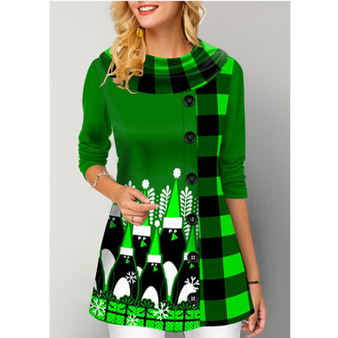 Loose Long Sleeve Crew Neck Plaid Casual Regular T-Shirt