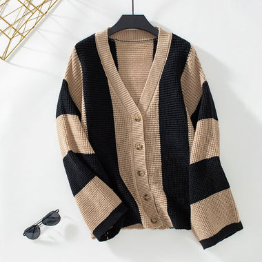 Casual Long Sleeve Striped Loose Mid-Long Sweater