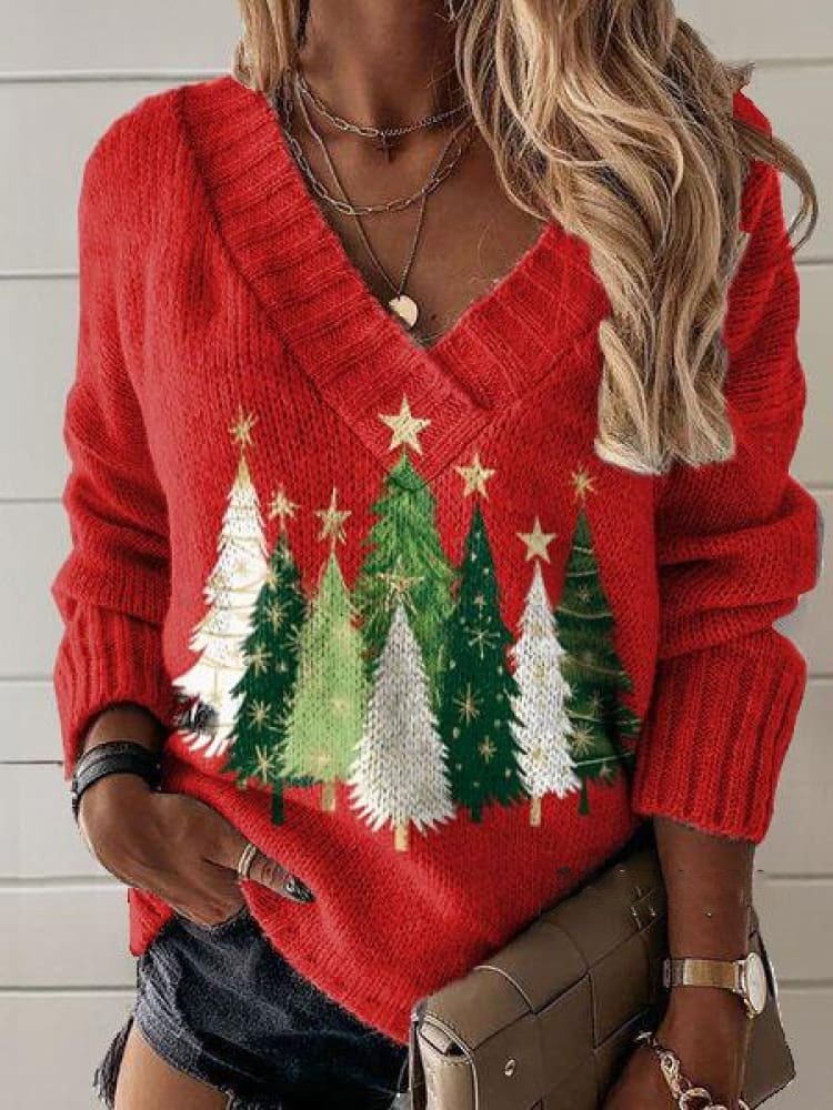 Loose Long Sleeve V Neck Christmas Casual Regular Sweatshirt