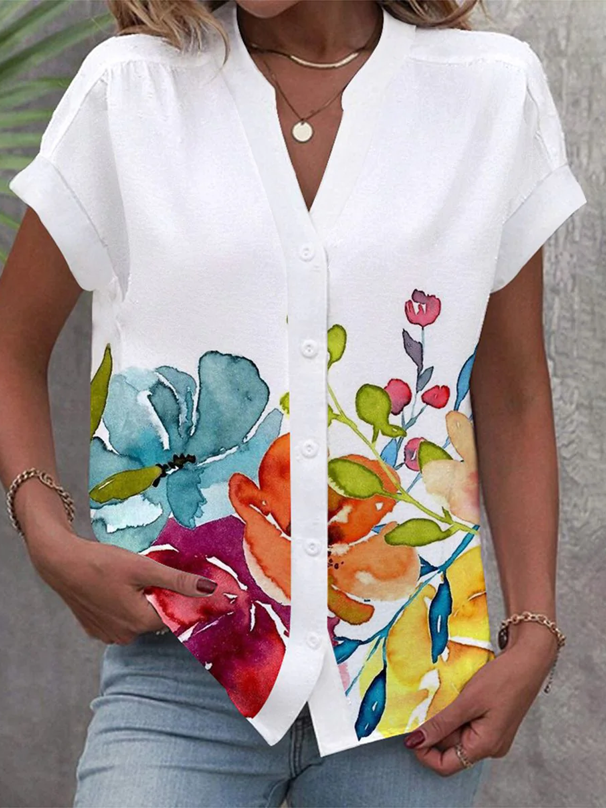 Casual Short Sleeve Notched Floral Loose Regular Shirt