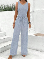 V Neck Sleeveless Striped Casual Long Jumpsuit