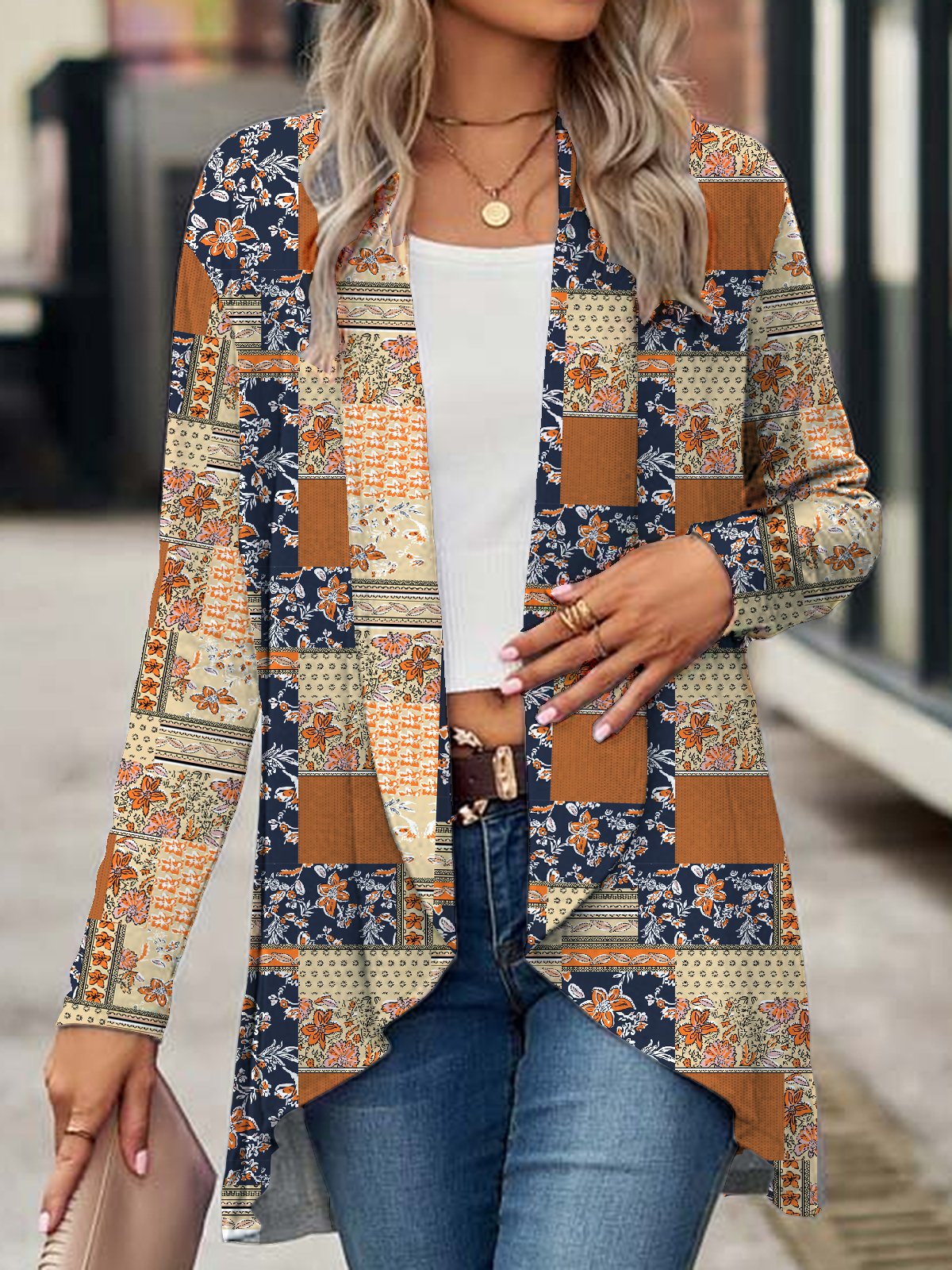 Loose Wrap Long Sleeve Ethnic Floral Casual Mid-Long Kimono