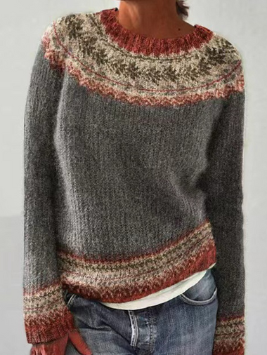 Casual Long Sleeve Crew Neck Ethnic Loose Regular Sweater