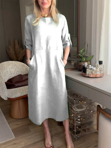 Casual Long Sleeve Crew Neck Plain Loose Midi Dress