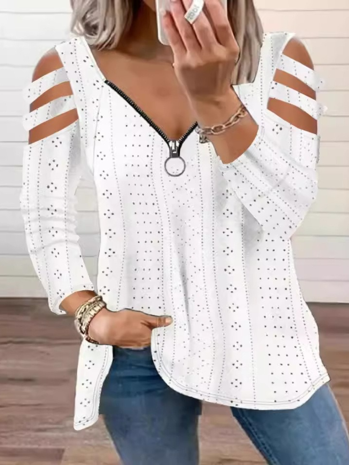 Casual Long Sleeve V Neck Floral Zipper Loose Regular Blouse