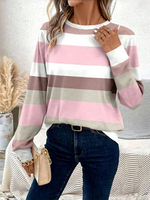 Casual Long Sleeve Crew Neck Striped Loose Regular T-Shirt