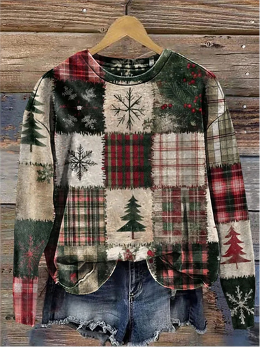 Vintage Long Sleeve Crew Neck Plaid Loose Regular Sweatshirt