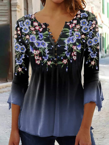 Casual Three Quarter Sleeve V Neck Floral Loose Regular Blouse