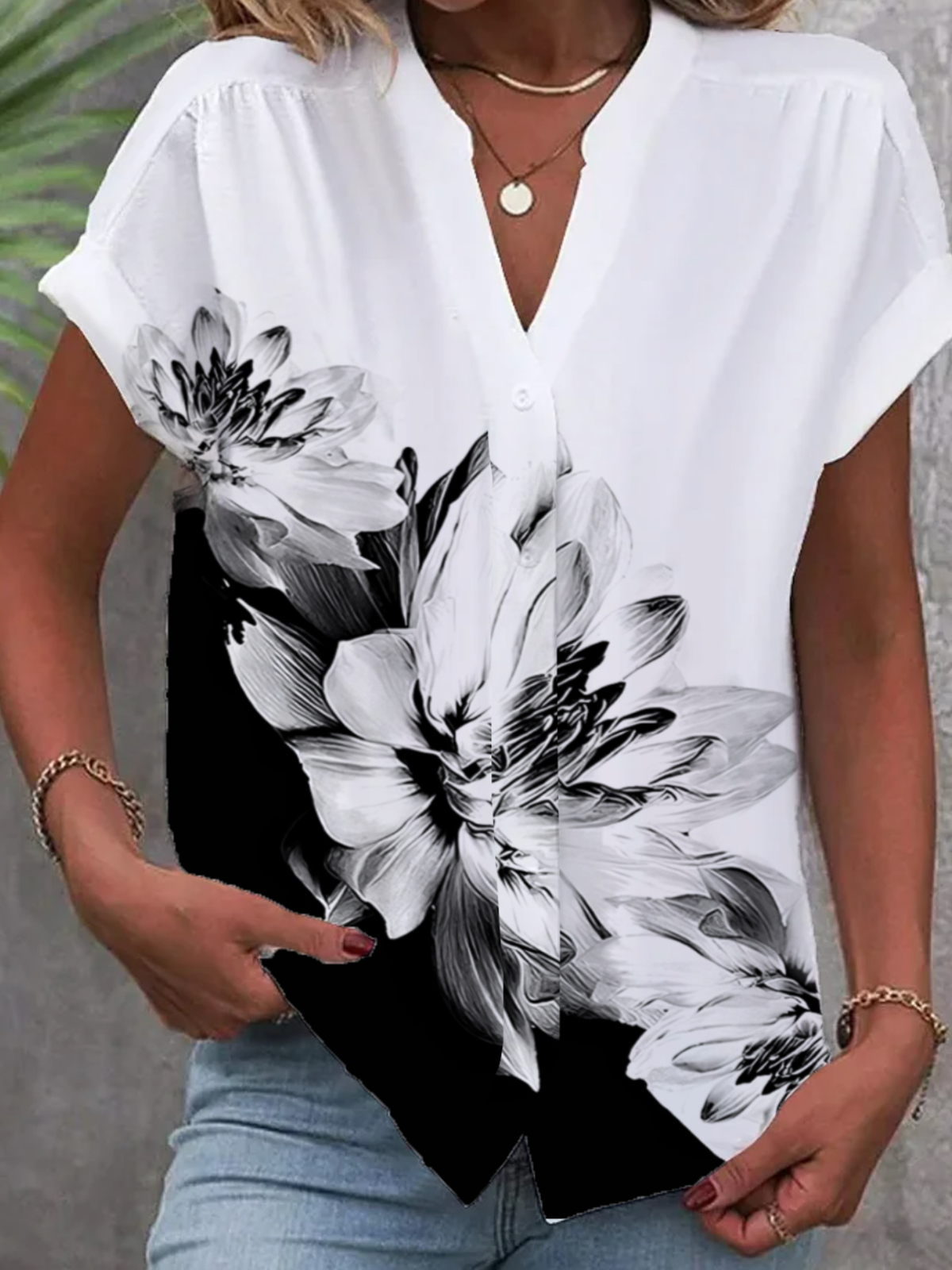 Casual Short Sleeve Shirt Collar Floral Loose Regular Blouse