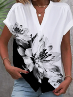 Casual Short Sleeve Shirt Collar Floral Loose Regular Blouse