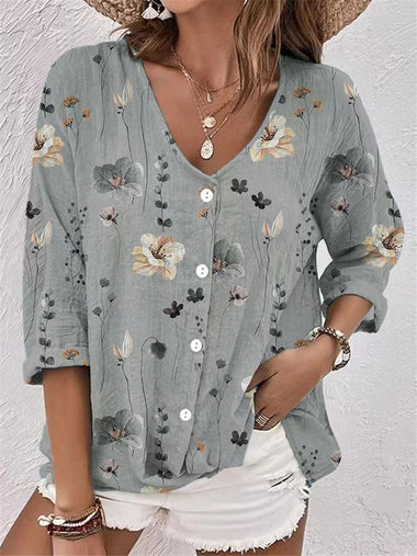 Loose Long Sleeve V Neck Geometric Floral Casual Mid-Long Shirt