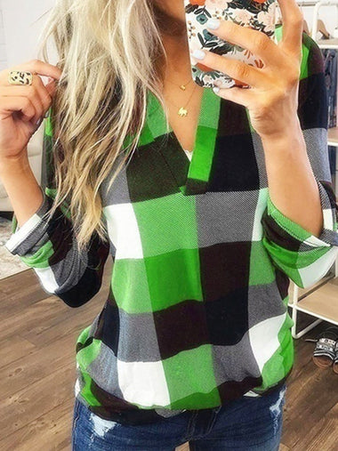 Loose Long Sleeve V Neck Plaid Casual Regular Blouse