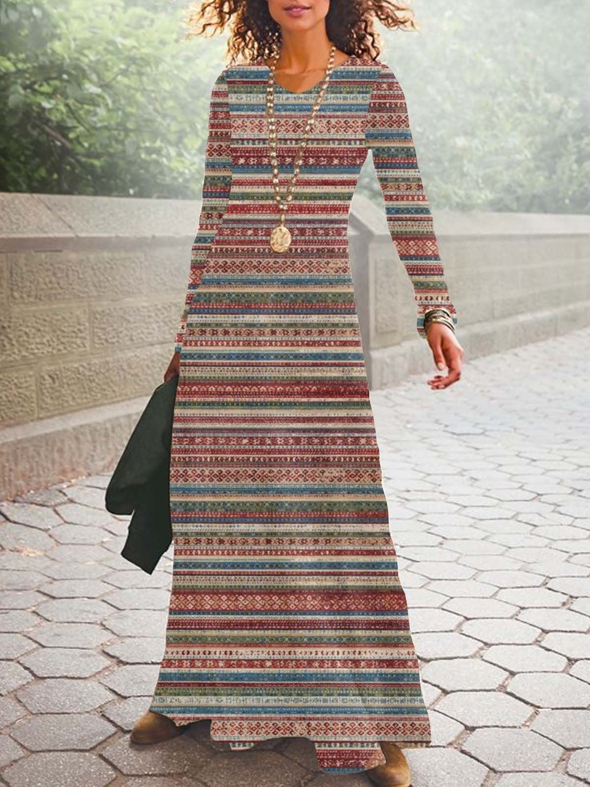 Casual Long Sleeve V Neck Striped Maxi Dress