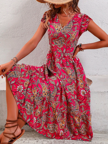 Vacation Short Sleeve V Neck Paisley Loose Maxi Dress