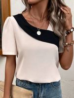 Loose Short Sleeve Asymmetrical Contrast Stitching Casual Regular Blouse