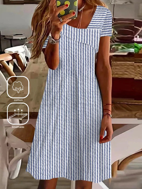 Casual Short Sleeve Asymmetrical Striped Loose Short Dress