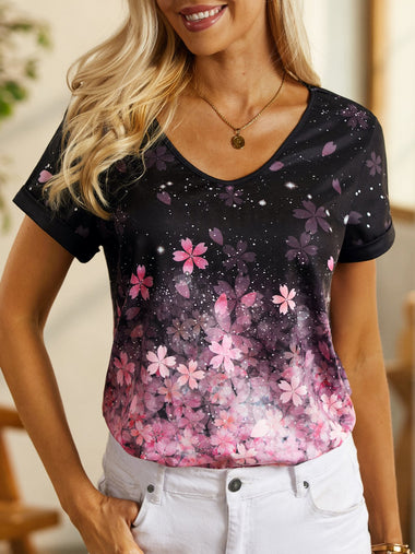 Short Sleeve V Neck Floral Casual Regular T-Shirt