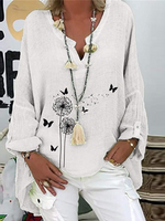 Casual Long Sleeve V Neck Daisy Loose Mid-Long Blouse