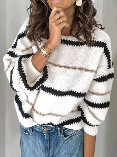 Loose Long Sleeve V Neck Striped Casual Regular Sweater