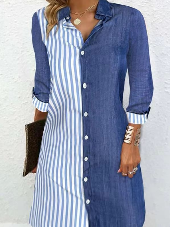 Casual Three Quarter Sleeve Shirt Collar Striped Mini Dress