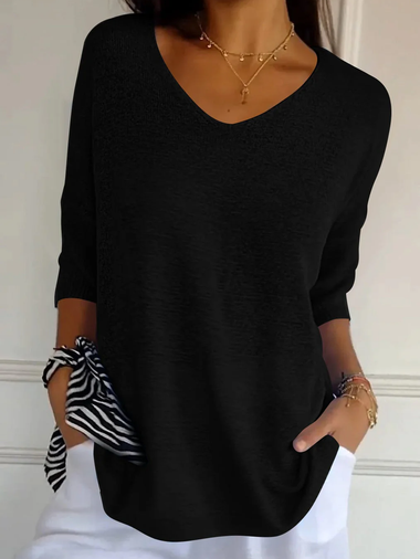 Casual Three Quarter Sleeve V Neck Plain Loose Regular Sweater