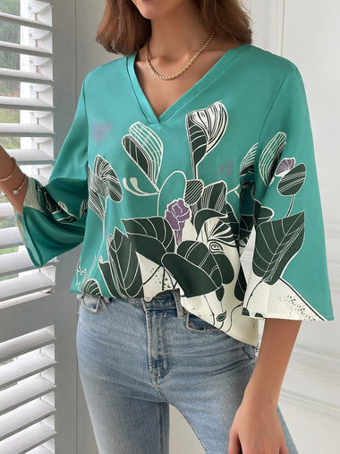 Casual Three Quarter Sleeve V Neck Floral Loose Regular Blouse