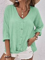 Linen Three Quarter V Neck Plain Loose Regular Blouse