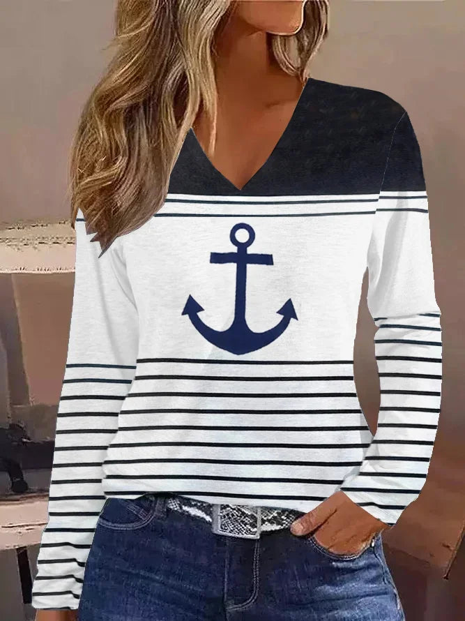 Casual Long Sleeve V Neck Striped Loose Regular T-Shirt