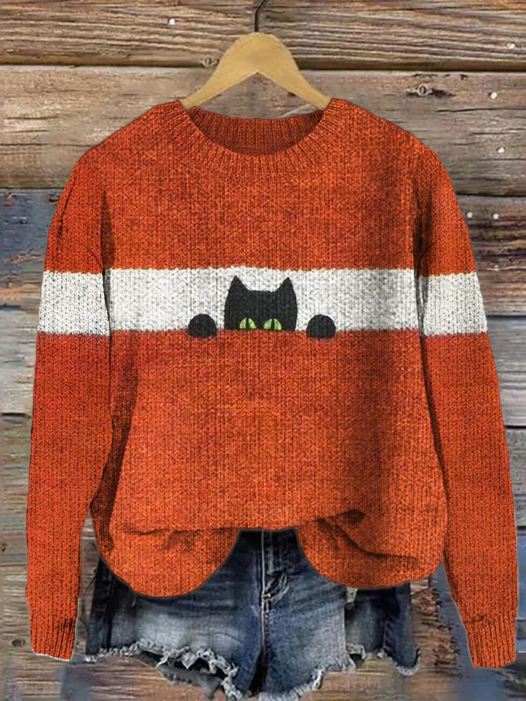 Loose Long Sleeve Crew Neck Cat Simple Regular Sweater