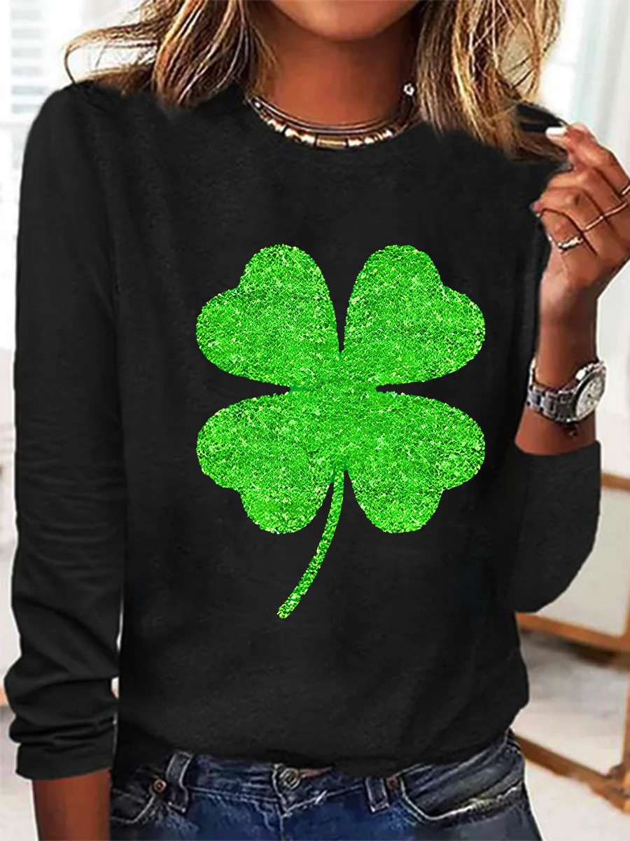 Casual Long Sleeve Crew Neck Four-Leaf Clover Loose Regular T-Shirt