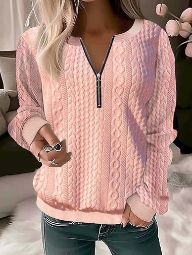 Casual Long Sleeve V Neck Plain Zipper Loose Regular Sweatshirt