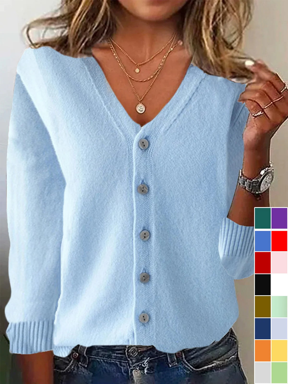 Loose Long Sleeve V Neck Plain Casual Regular Sweater