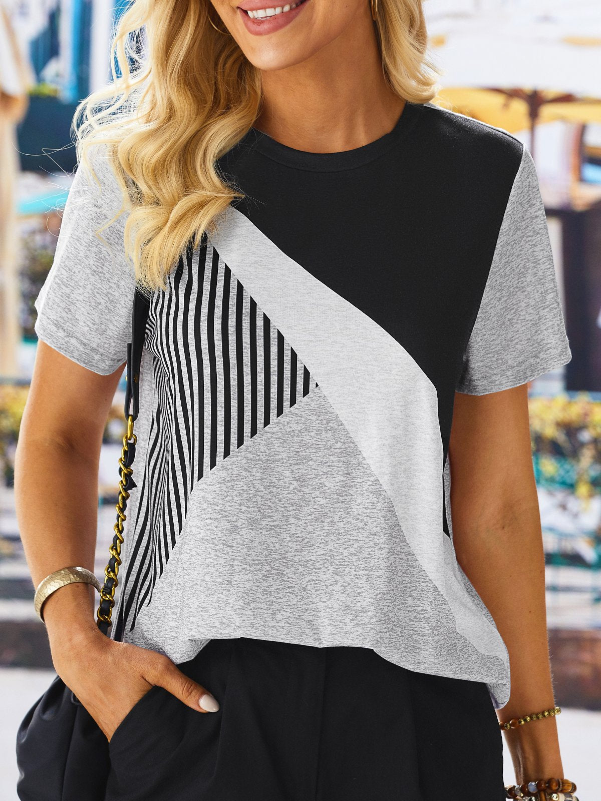 Loose Short Sleeve Crew Neck Striped Split Joint Casual Regular T-Shirt