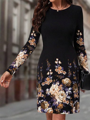 Casual Long Sleeve Crew Neck Floral Loose Midi Dress