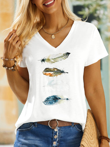 Loose Short Sleeve V Neck Feather Pattern Casual Regular T-Shirt